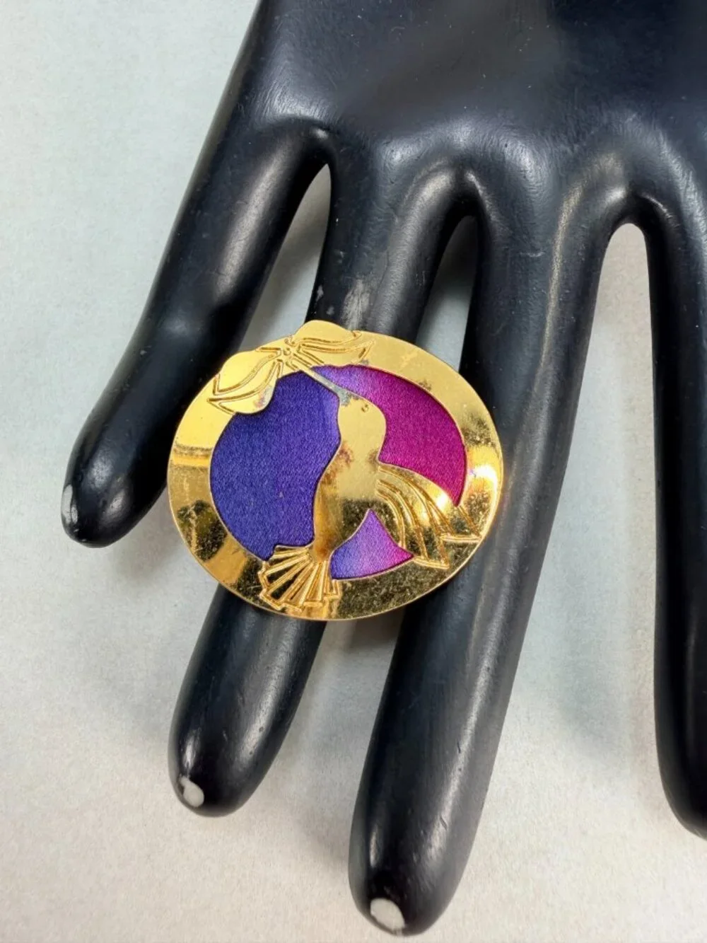 Vintage Mid Century Hummingbird Brooch Gold Tone Purple Pink Enamel Modernist